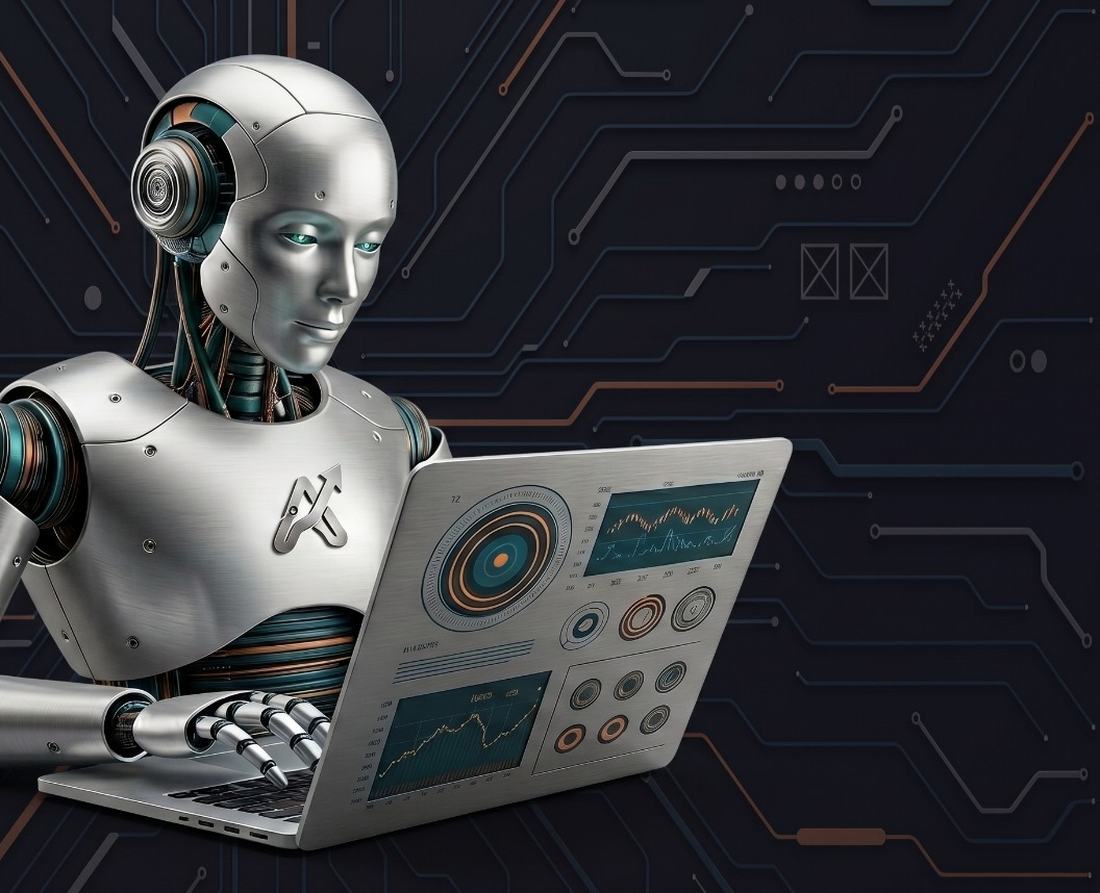 A silver robot working calmly at a laptop, its screen full of booking charts.